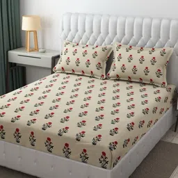 Aura Cream-Coloured & Red Floral 144 TC Queen Bedsheet with 2 Pillow Covers image 4