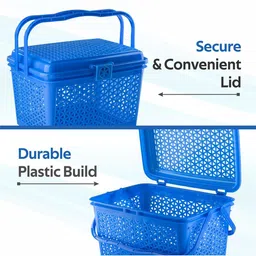 Kuber Industries Blue 3 Pieces Checked Multipurpose Tote Basket with Lid & Handle image 2