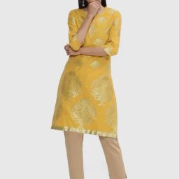 Biba Yellow Woven Pattern Straight Kurta-picture-34
