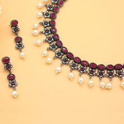 TEEJH Oxidised Silver-Plated Red & White Stone-Studded & Beaded Jewellery Set-picture-3