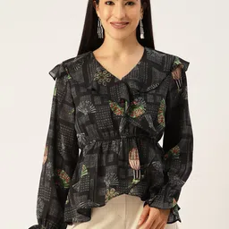 Slenor Print Bishop Sleeves Ruffles Georgette Wrap Top image 1