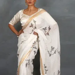 Chidiyaa White Cotton Linen Hand Block Printed Saree image 4