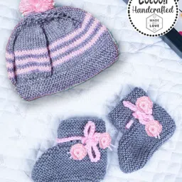 COCOON ORGANICS Handcrafted Soft And Warm Pom Pom Detail Winter Cap And Socks Set - Grey Melange-picture-32