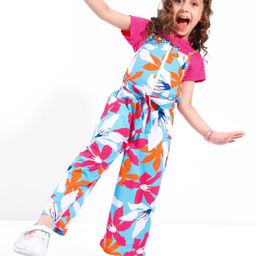 Ollington St. 100% Cotton Sinker Knit Half Sleeves Top And Floral Printed Jumpsuit with Zipper- Pink & Multicolor-picture-46