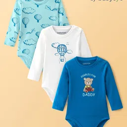 Babyoye 100% Cotton With Eco- Jiva Finish Full Sleeves Bear Print Onesies Pack of 3 - Blue-picture-24