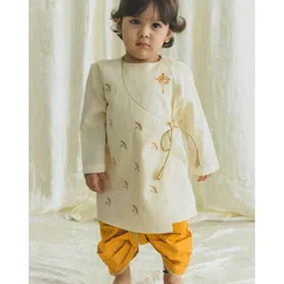 Tiber Taber Cotton Full Sleeves Ram Text Embroidered Angrakha Kurta Dhoti - Cream-picture-22