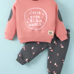 Teddy Fleece Knit Full Sleeves Winter Wear Sweatshirt & Pant Set with Text & Jungle Theme Print - Pink image 1