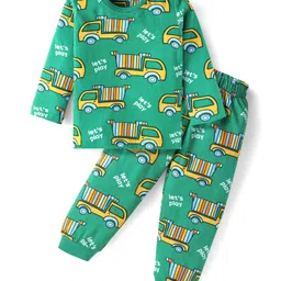 Babyhug Cotton Knit Full Sleeves Truck Printed Night Suit - Dark Green-picture-24