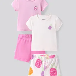 Bonfino 100% Cotton Half Sleeves Shorts Night Suit With Tropical Print Pack Of 2 - Light Pink & White-image-1