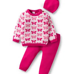 Babyhug Organic Cotton Knitted Full Sleeves Sweater Set With Butterfly Design & Cap - Dark Pink & White-picture-20