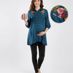 Bella Mama Woven Three Fourth Sleeves Maternity Top with Floral Embroidery - Navy Blue-picture-12
