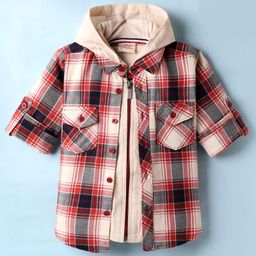 Rikidoos Full Sleeves Checked Shirt With Attached Hooded Tee - Orange & Cream-picture-29