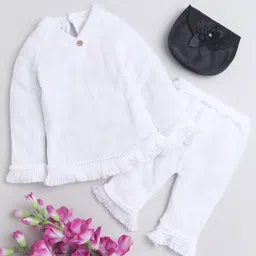 Little Angels Woollen Woven Full Sleeves Thread Work Lace Embellished Sweater & Pant Set - White-image-70