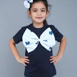 PinkChick Cotton Woven Half Sleeves Bow Applique Detailed Tee With Hair Clip - Navy Blue-picture-18