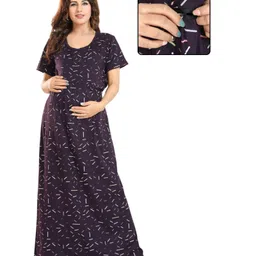 Fabme Sinker Knit Half Sleeves Confetti Printed Maternity Nighty With Horizontal Zipper Nursing Access - Purple-picture-35