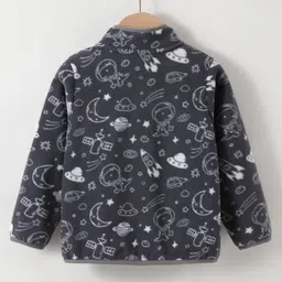 Kookie Kids Full Sleeves Front Open High Neck Fur Winter Jacket with Space Theme Design - Black image 2