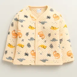 Bumzee Knit Full Sleeves Winter Wear Front Open T-Shirt & Lounge Pant Co-Ord Set With Dino Print - Peach image 2