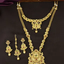 PRIVIU Gold-Plated Kundan-Studded & Beaded Temple Necklace and Earrings Maang Tika-picture-26