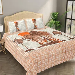 Aura Brown & Grey Floral 144 TC Pure Cotton King Bedsheet With 2 Pillow Covers-image-50