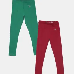 TWIN BIRDS Kids Green & Red Cotton Regular Fit Leggings (Pack of 2)-image-33