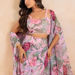 KAORI BY SHREYA AGARWAL Baby Pink Floral Printed Top & Drape Skirt With Cape Co-Ord Set image 4