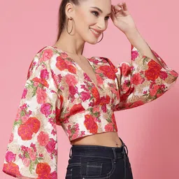 KASSUALLY Red & Green Floral Print Wrap Crop Top-picture-14