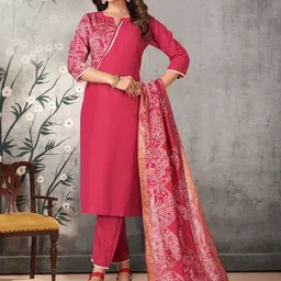 KALINI Ethnic Motifs Printed Mandarin Collar Straight Kurta With Palazzos & Dupatta image 1