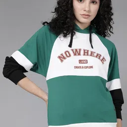 Roadster Women White 7 Green Colourblocked Hooded Sweatshirt-picture-34