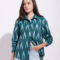 Pink Fort Women Abstract Printed Shirt Collar Cotton Top image 1