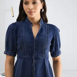 R.Code by The Roadster Life Co. Mandarin Collar Puff Sleeve Cotton Denim Peplum Top image 3