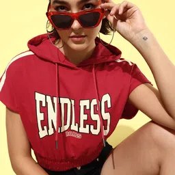 The Roadster Life Co. Hot Red Winter Discotheque Printed Hooded Crop Sweatshirt-picture-33