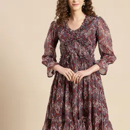 WoowZerz Maroon & Blue Chiffon A-Line Dress-picture-35
