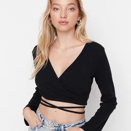 Trendyol Women Black Solid V-Neck Wrap Crop Top-image-32