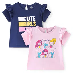 Doodle Poodle 100% Cotton Single Jersey Half SleevesTops with Frill Detailing Text Print Pack of 2 - Pink & Blue-picture-25