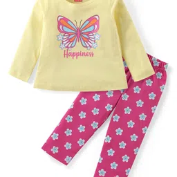 Babyhug Cotton Knit Full Sleeves Butterfly & Floral Print Night Suit - Yellow & Pink-picture-21