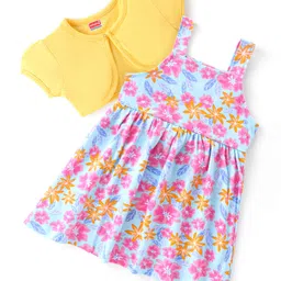 Babyhug Single Jersey Knit Floral Print Frock with Half Sleeves Shrug - Yellow & Blue-picture-25