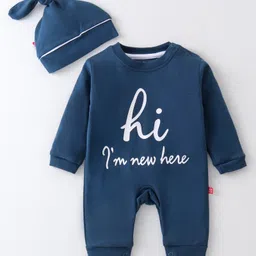 Mini Taurus Cotton Knit Full Sleeves Romper With Cap & Text Print - Navy Blue-picture-29
