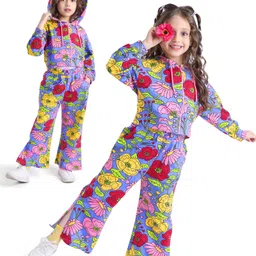 Ollington St. Cotton Knit Full Sleeves Floral Printed Front Zipper Hoodie & Loose Track Pants Set - Multicolor-picture-35