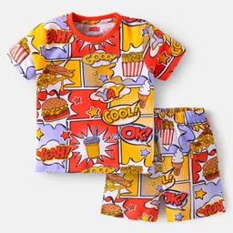 Babyhug Cotton Knit Half Sleeves Shorts Night Suit With Burger & Ice Cream Print - Multicolor-picture-36