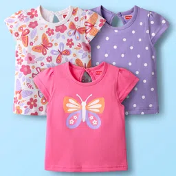 Babyhug Cotton Knit Half Sleeves T-Shirts with Butterfly & Polka Dots Print Pack of 3 - Pink Lavender & White-picture-37