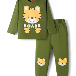 Babyhug Cotton Knit Full Sleeves Night Suit With Tiger Print - Green image 1