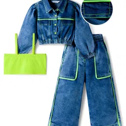 OLLINGTON ST. Sinker Knit Full Sleeves Denim Jacket With Inner Rib Top & Denim Pants - Indigo & Neon Green-picture-14