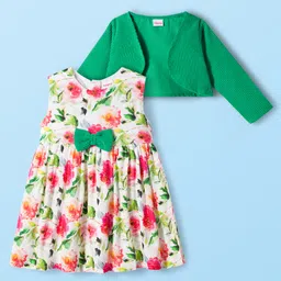 Babyhug Cotton Knit Frock & Full Sleeves Shrug With Floral Print & Bow Applique - White & Green image 1
