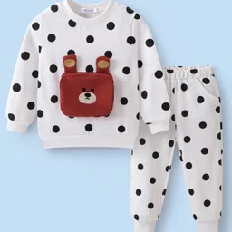 Mark & Mia Full Sleeves Winter Wear T-Shirt & Joggers Set with Animal Applique Pouch & Polka Dots - White-picture-10