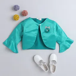 The Magic Wand Woven Three Fourth Bell Sleeves Floral Applique Detailed Jacket - Sea Green-picture-11