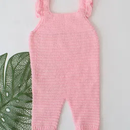 Woonie Hand Knitted Full Sleeves Floral Applique Detailed Sweater With Solid Dungaree - Pink image 4
