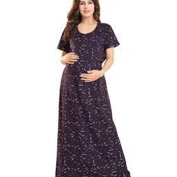 Fabme Sinker Knit Half Sleeves Confetti Printed Maternity Nighty With Horizontal Zipper Nursing Access - Purple image 5