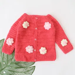 Woonie Hand Knitted Full Sleeves Floral Applique Detailed Sweater With Solid Dungaree - Pink image 5