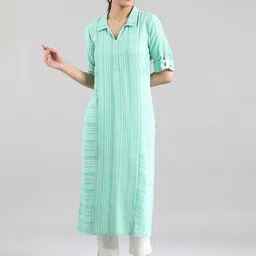 AURELIA Women Green Striped Thread Work Kurta-image-86