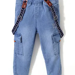 Babyhug Cotton Spandex Full Length Stretchable Washed Denim Jeans with Suspenders - Light Blue-picture-26